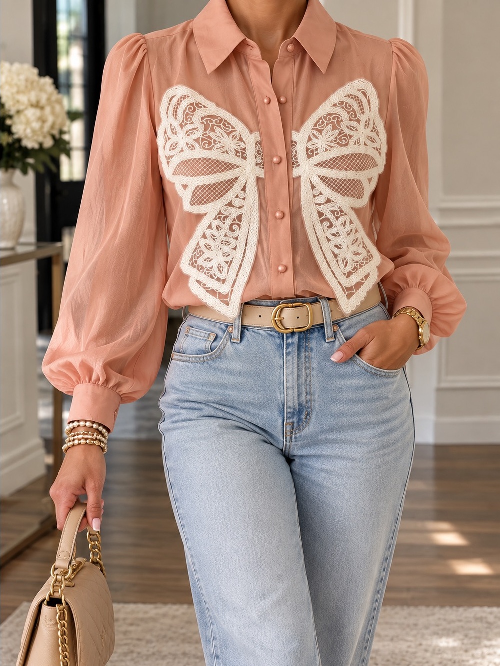 Lace bow  Detail Puff-Sleeve Blouse - Peach